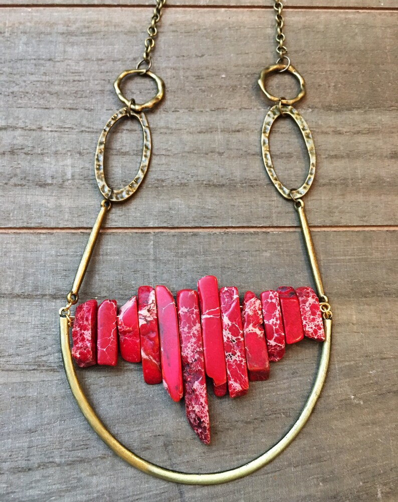 Beautiful red imperial sea sediment jasper stick bead stone necklace with antique gold U accent on funky golden geometric chain image 3