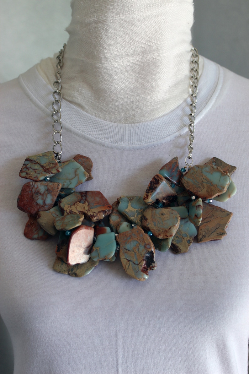 Etsy Design Awards RESERVED for --African opal aqua terra jasper varcasite stone cluster necklace with czech glass accents on silver