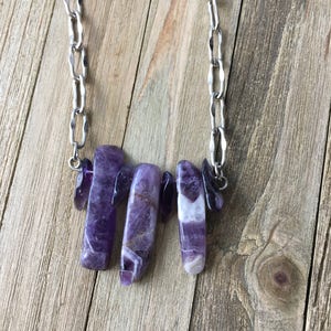 Genuine amethyst polished stick beads with amethyst chips on decorative silver chain image 6