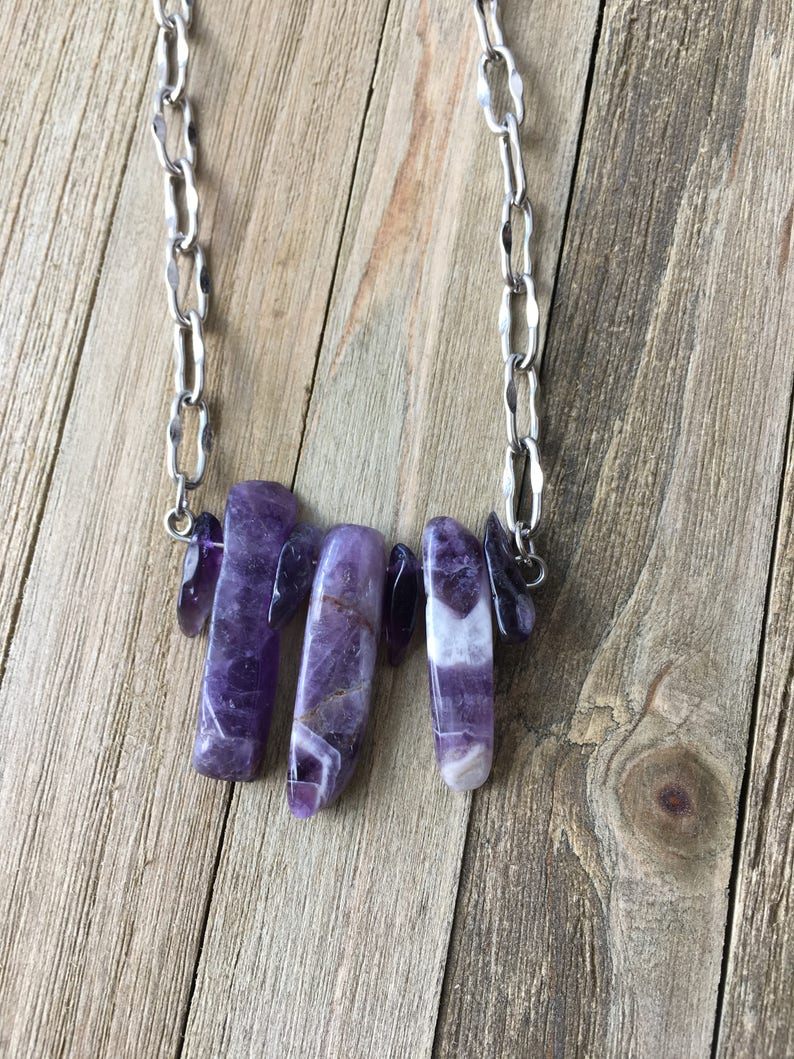 Genuine amethyst polished stick beads with amethyst chips on decorative silver chain image 6