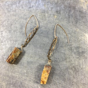 Chunky petrified wood tooth beads suspended from brass filigree bars on 14k gold filled ear wires image 5