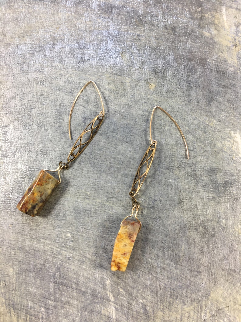 Chunky petrified wood tooth beads suspended from brass filigree bars on 14k gold filled ear wires image 5