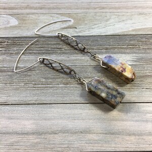 Chunky petrified wood tooth beads suspended from brass filigree bars on 14k gold filled ear wires image 6