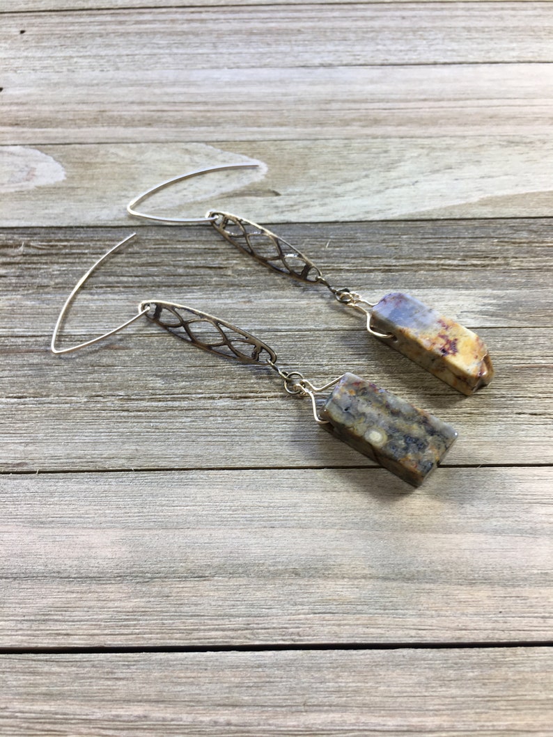Chunky petrified wood tooth beads suspended from brass filigree bars on 14k gold filled ear wires image 6
