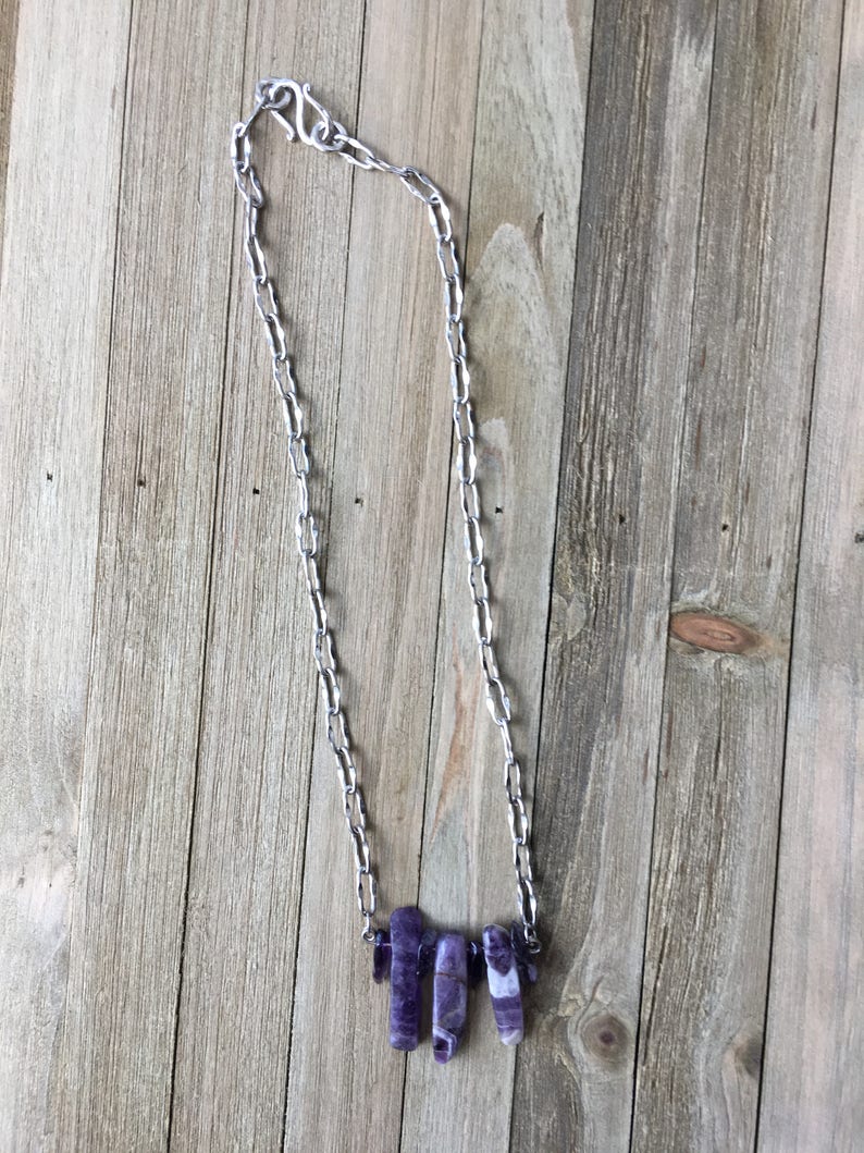 Genuine amethyst polished stick beads with amethyst chips on decorative silver chain image 2