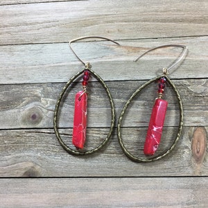 Chunky large red imperial sea sediment jasper tooth beads in brass oval loops suspended from 14k gold filled ear wires image 6