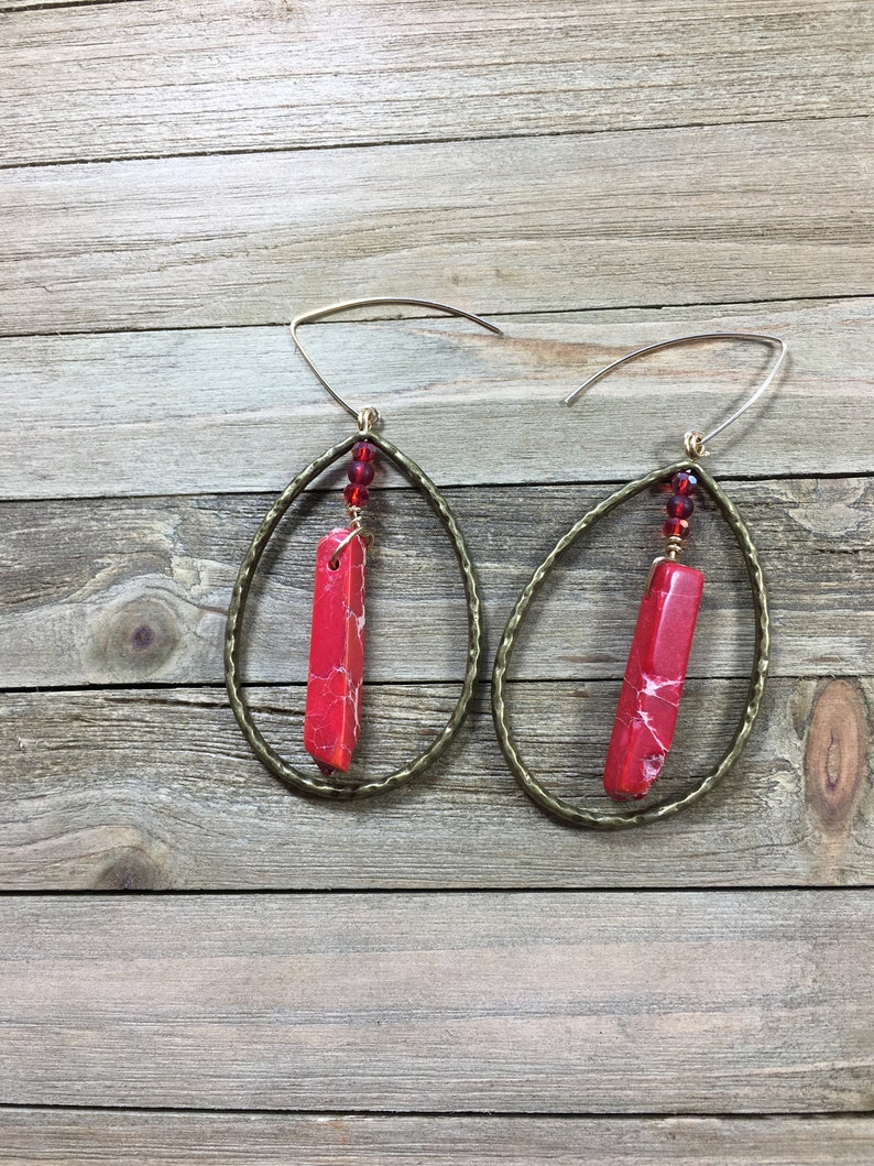 Chunky large red imperial sea sediment jasper tooth beads in brass oval loops suspended from 14k gold filled ear wires image 6