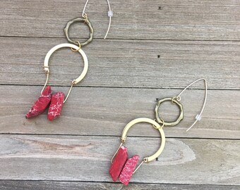 Chunky large brass stone red imperial sea sediment jasper tooth beads on with brass geometric connector on gold french hooks