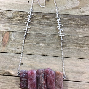 Strawberry quartz stick bead necklace on matte silver chain with funky bar connector image 6