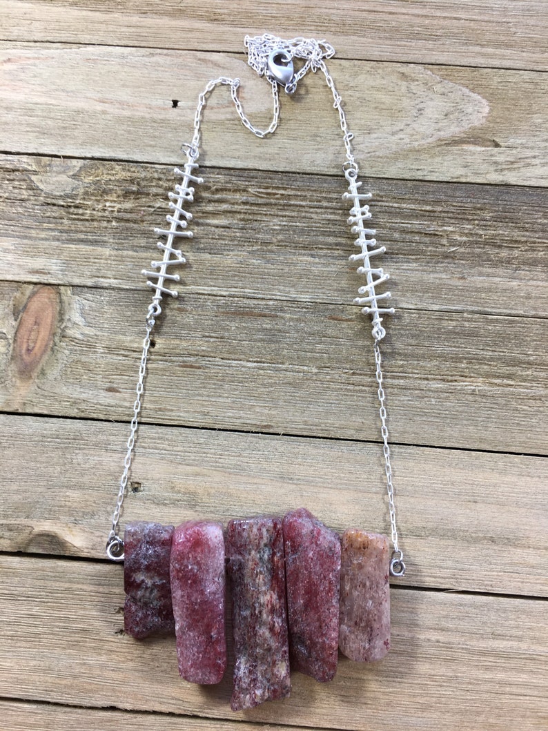 Strawberry quartz stick bead necklace on matte silver chain with funky bar connector image 6