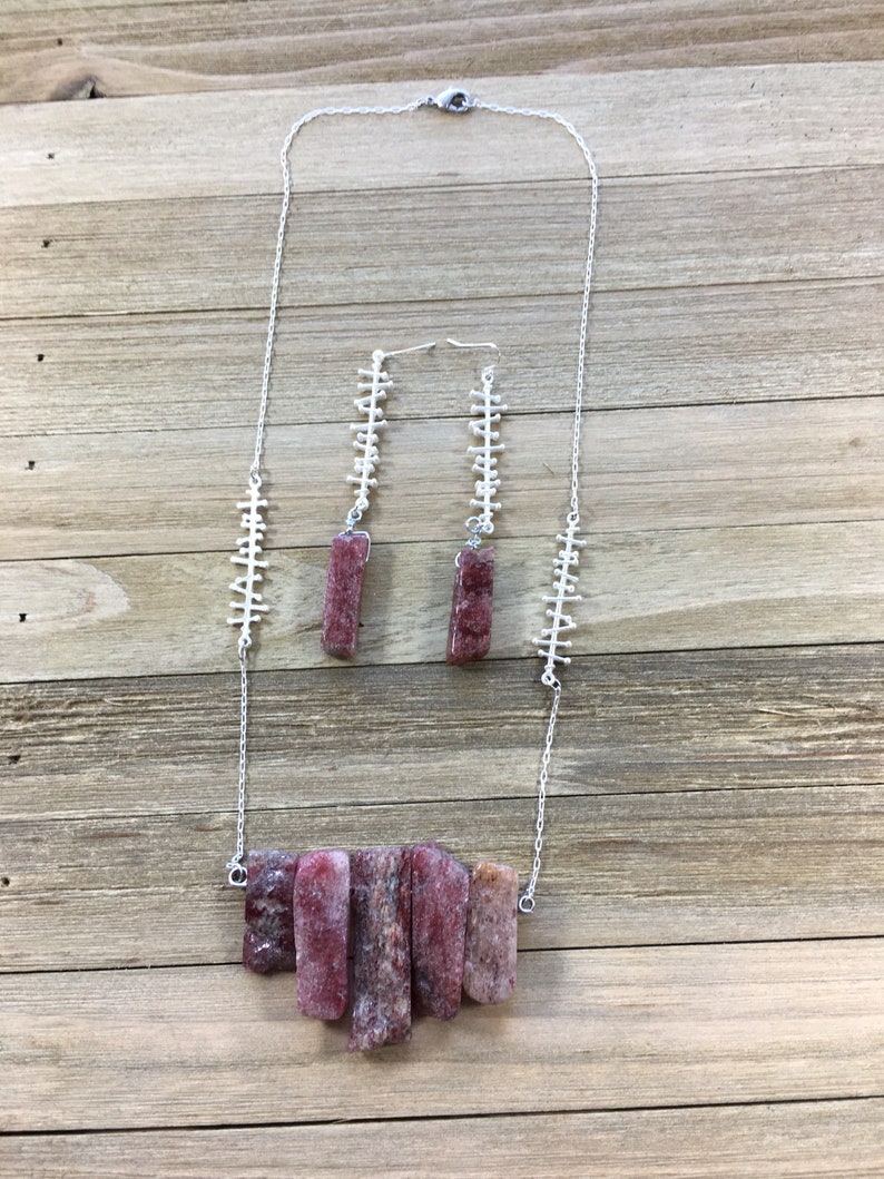 Strawberry quartz stick bead necklace on matte silver chain with funky bar connector image 3