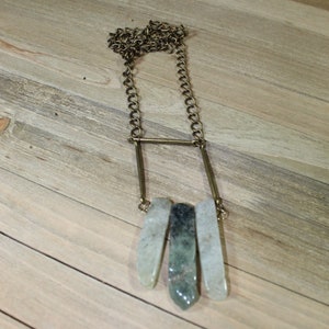 Geometric brass and dark / light green prehnite stick beads with brass findings on long antique brass chain image 3