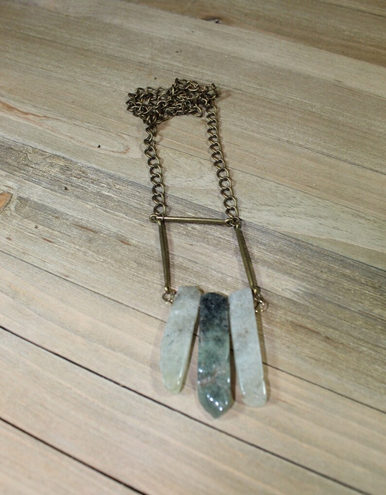 Geometric brass and dark / light green prehnite stick beads with brass findings on long antique brass chain image 3