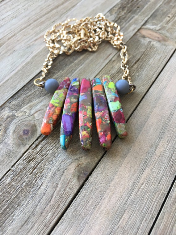 Colored Sea Sediment or Imperial Jasper Heart Necklace with Earrings 21 Inch Mulit
