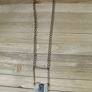 Geometric brass and dark / light green prehnite stick beads with brass findings on long antique brass chain image 6