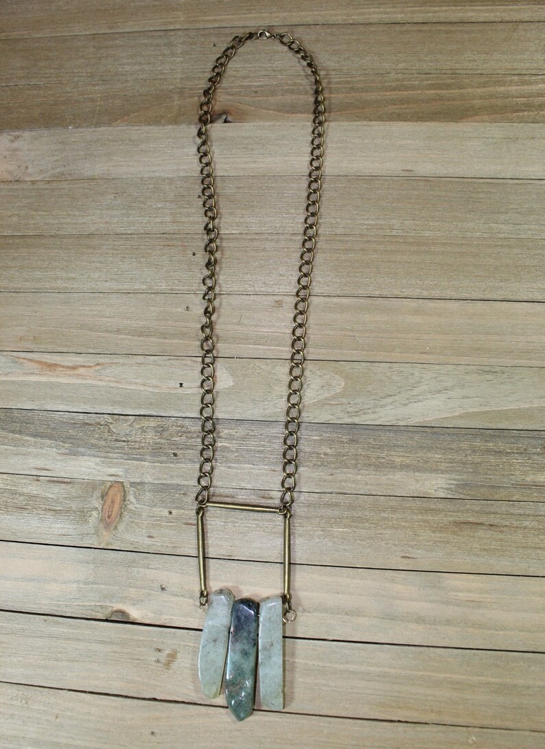 Geometric brass and dark / light green prehnite stick beads with brass findings on long antique brass chain image 6