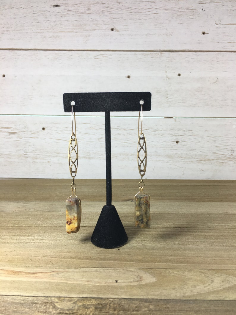 Chunky petrified wood tooth beads suspended from brass filigree bars on 14k gold filled ear wires image 1