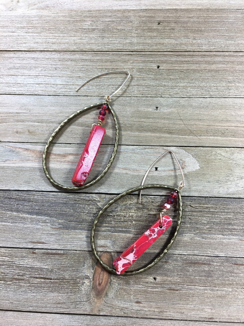 Chunky large red imperial sea sediment jasper tooth beads in brass oval loops suspended from 14k gold filled ear wires image 3