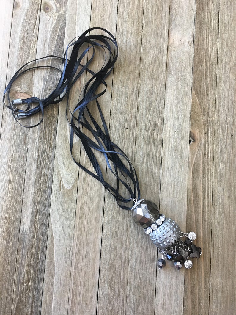 CLEARANCE Upcycled funky large pendant with rhinestones on black grosgrain and satin ribbon, long sweater necklace image 1