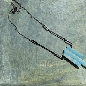 Raw aquamarine stick bead pendant with gunmetal geometric shapes on long gunmetal chain image 2