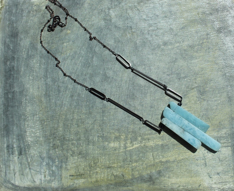Raw aquamarine stick bead pendant with gunmetal geometric shapes on long gunmetal chain image 2