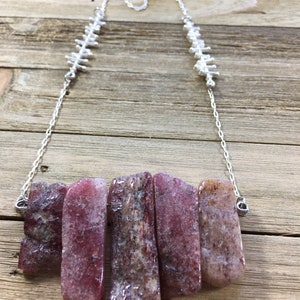 Strawberry quartz stick bead necklace on matte silver chain with funky bar connector image 2