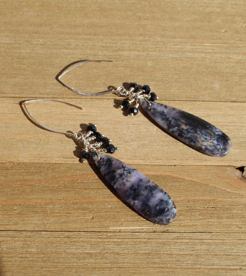 Arborization opal long briolettes with silver wire wrapped black spinel stones suspended on 925 sterling silver earwires
