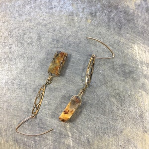 Chunky petrified wood tooth beads suspended from brass filigree bars on 14k gold filled ear wires image 2