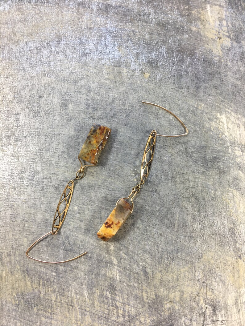 Chunky petrified wood tooth beads suspended from brass filigree bars on 14k gold filled ear wires image 2