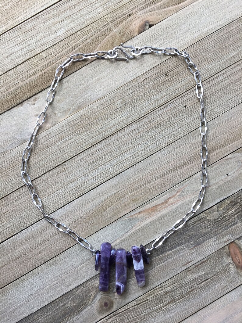 Genuine amethyst polished stick beads with amethyst chips on decorative silver chain image 4