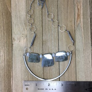 Trapezoid labradorite stones on u shaped finding with funky geometric silver and antique silver chain image 8