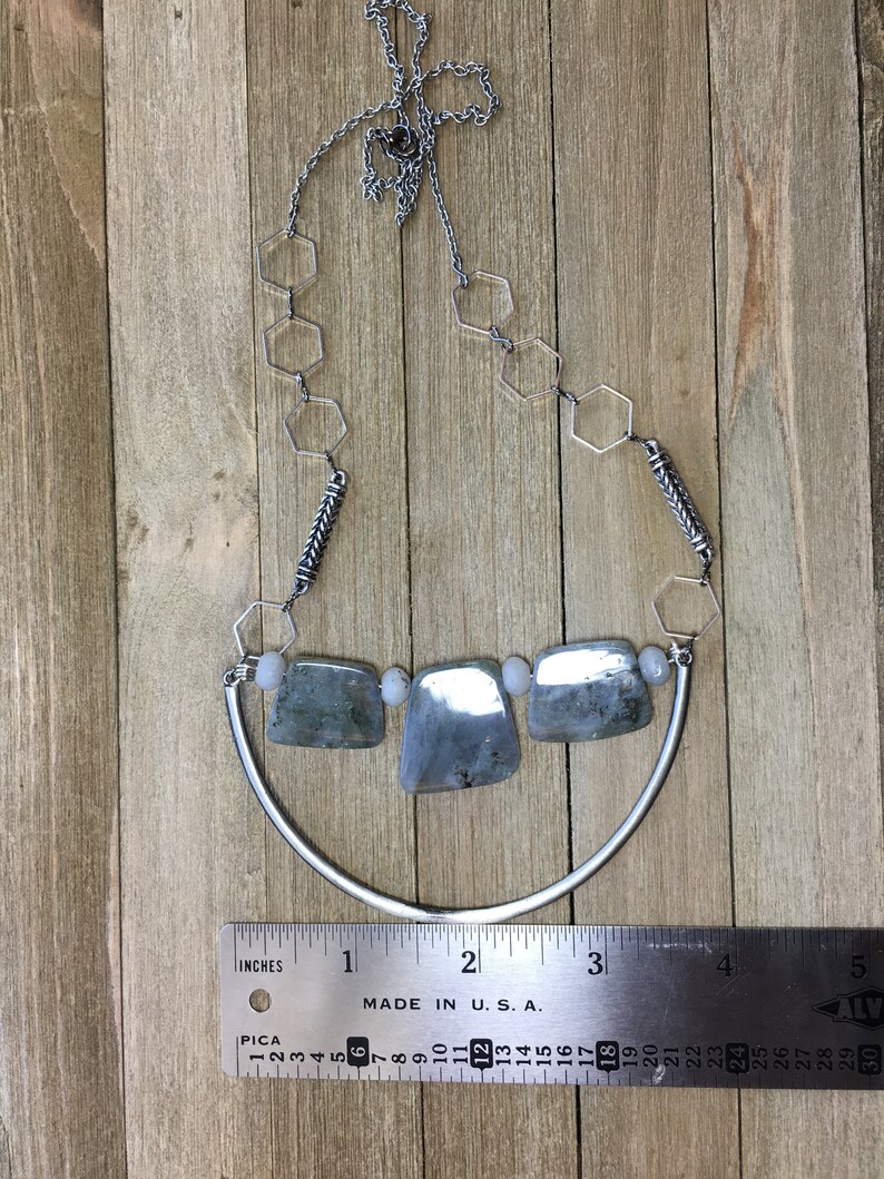 Trapezoid labradorite stones on u shaped finding with funky geometric silver and antique silver chain image 8