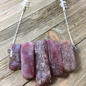 Strawberry quartz stick bead necklace on matte silver chain with funky bar connector image 4