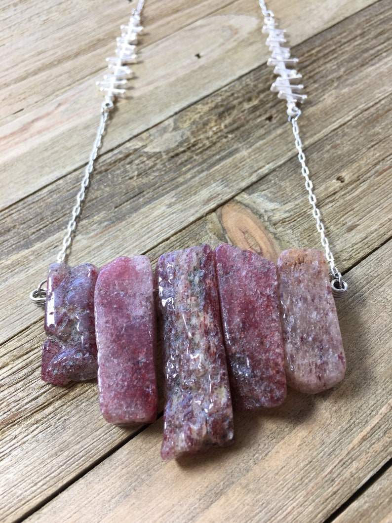 Strawberry quartz stick bead necklace on matte silver chain with funky bar connector image 4