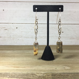 Chunky petrified wood tooth beads suspended from brass filigree bars on 14k gold filled ear wires image 4