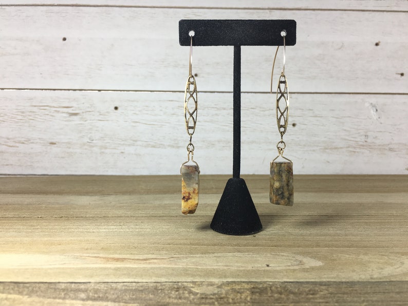 Chunky petrified wood tooth beads suspended from brass filigree bars on 14k gold filled ear wires image 4