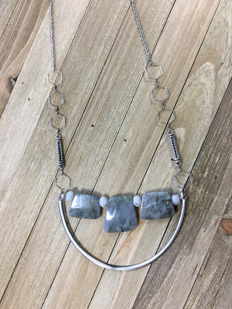 Trapezoid labradorite stones on u shaped finding with funky geometric silver and antique silver chain image 1