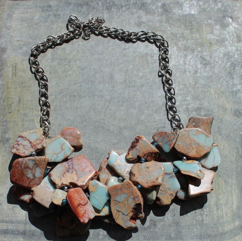 Etsy Design Awards RESERVED for --African opal aqua terra jasper varcasite stone cluster necklace with czech glass accents on silver