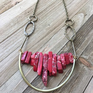 Beautiful red imperial sea sediment jasper stick bead stone necklace with antique gold U accent on funky golden geometric chain image 4