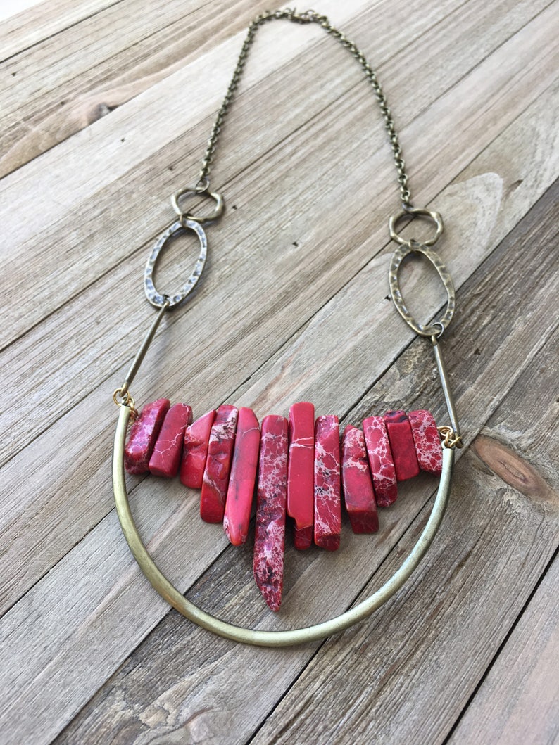 Beautiful red imperial sea sediment jasper stick bead stone necklace with antique gold U accent on funky golden geometric chain image 4