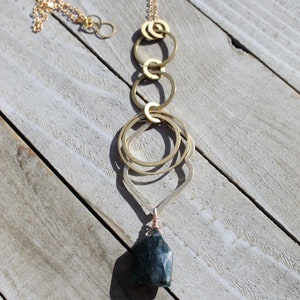 Green moss agate briolette gemstone pendant with gold geometric shapes on gold chain image 9