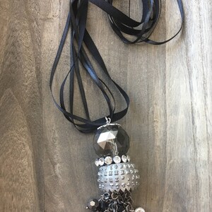 CLEARANCE Upcycled funky large pendant with rhinestones on black grosgrain and satin ribbon, long sweater necklace image 3