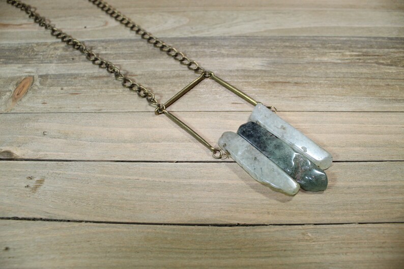 Geometric brass and dark / light green prehnite stick beads with brass findings on long antique brass chain image 4