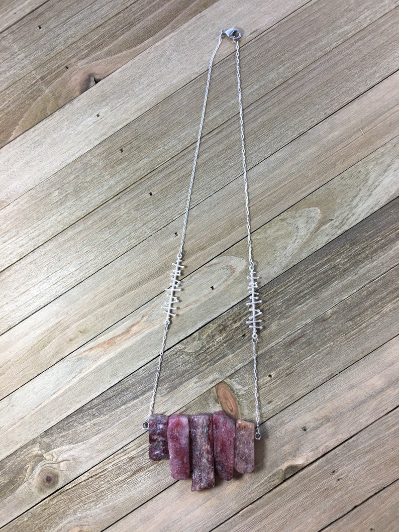 Strawberry quartz stick bead necklace on matte silver chain with funky bar connector image 5