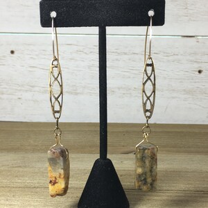 Chunky petrified wood tooth beads suspended from brass filigree bars on 14k gold filled ear wires image 7