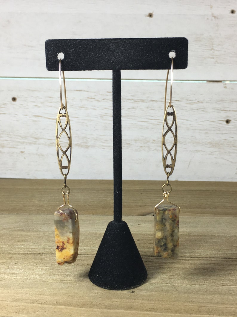 Chunky petrified wood tooth beads suspended from brass filigree bars on 14k gold filled ear wires image 7