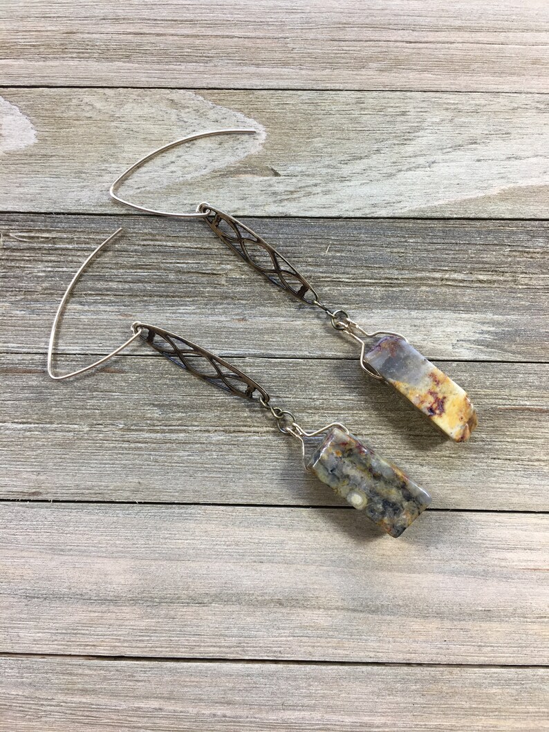 Chunky petrified wood tooth beads suspended from brass filigree bars on 14k gold filled ear wires image 8