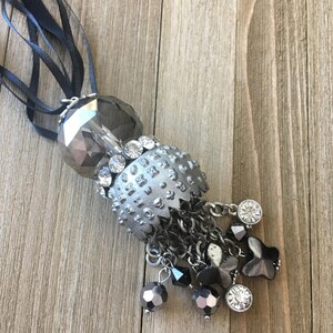 CLEARANCE Upcycled funky large pendant with rhinestones on black grosgrain and satin ribbon, long sweater necklace image 5