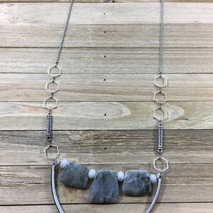 Trapezoid labradorite stones on u shaped finding with funky geometric silver and antique silver chain image 6