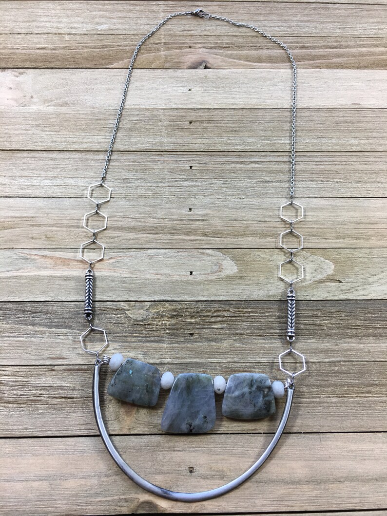 Trapezoid labradorite stones on u shaped finding with funky geometric silver and antique silver chain image 6